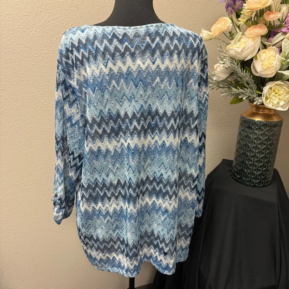 Alfred Dunner 2X Blue Metallic Chevron Top | Shimmery Knit Holiday Blouse - Picture 2 of 6